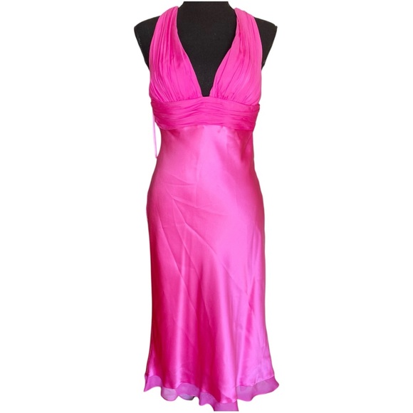 CACHE ☆ Vintage Y2K 100% Silk Prom Dress Gown ☆ Hot Pink Halter - Picture 1 of 8